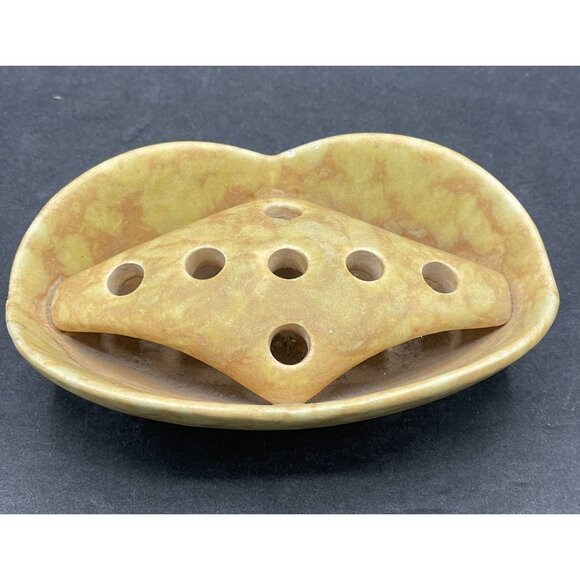 VTG MCM Made In Germany Yellow Ceramic Pottery Art Triangle Flower Frog 715-12 - Picture 4 of 8